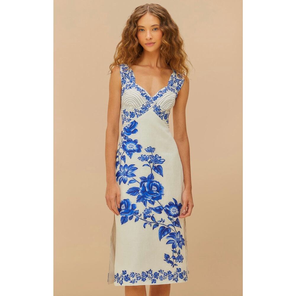 FARM RIO Off-White Floral Cascade Wavy Midi Dress NWT Small